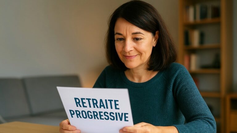 Une femme assise à une table consulte des documents intitulés « retraite progressive »