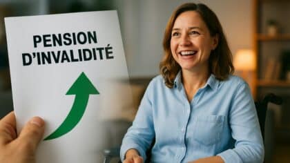 Une femme en fauteuil roulant souriante à côté d’un document financier intitulé « pension d’invalidité » avec une flèche verte symbolisant une hausse
