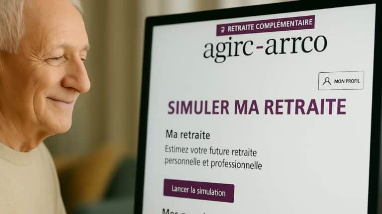 Homme senior consultant le simulateur de retraite Agirc-Arrco sur un ordinateur