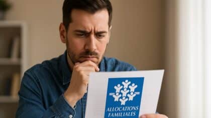Jeune homme seul à table, consultant un courrier de la Caf, air inquiet