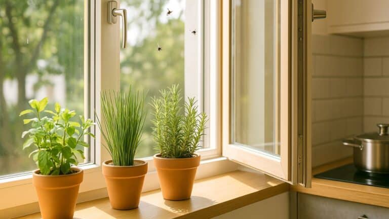 Fenêtre ouverte sur une cuisine ensoleillée, avec des plantes aromatiques en pot comme répulsifs naturels contre les mouches