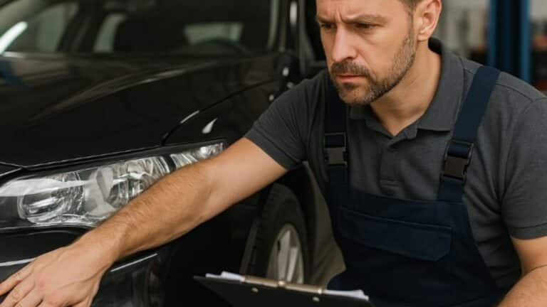 Un mécanicien inspecte une voiture dans un garage pour le contrôle technique.