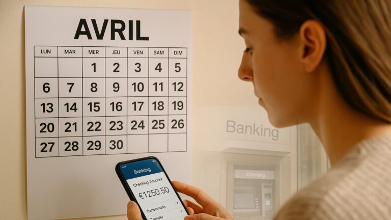 Femme consultant son application bancaire devant un calendrier d’avril 2025 en surimpression, symbolisant la suspension des virements bancaires.