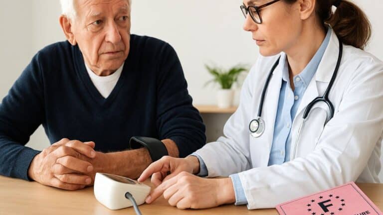 Un médecin effectue une visite médicale avec un homme senior, un permis de conduire posé sur la table.