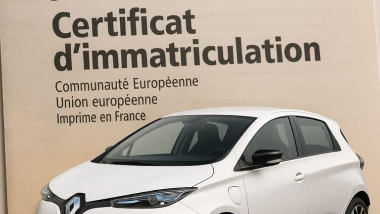Voiture électrique blanche devant une carte grise française.