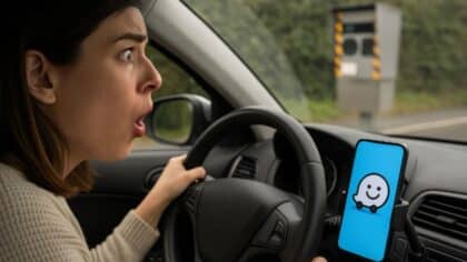 Une conductrice surprise découvre un radar fixe, avec l'application Waze affichée sur son téléphone fixé au tableau de bord.