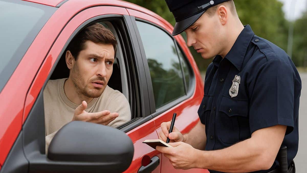 Un automobiliste surpris se fait verbaliser par un agent de police au bord de la route à cause d'un panneau.
