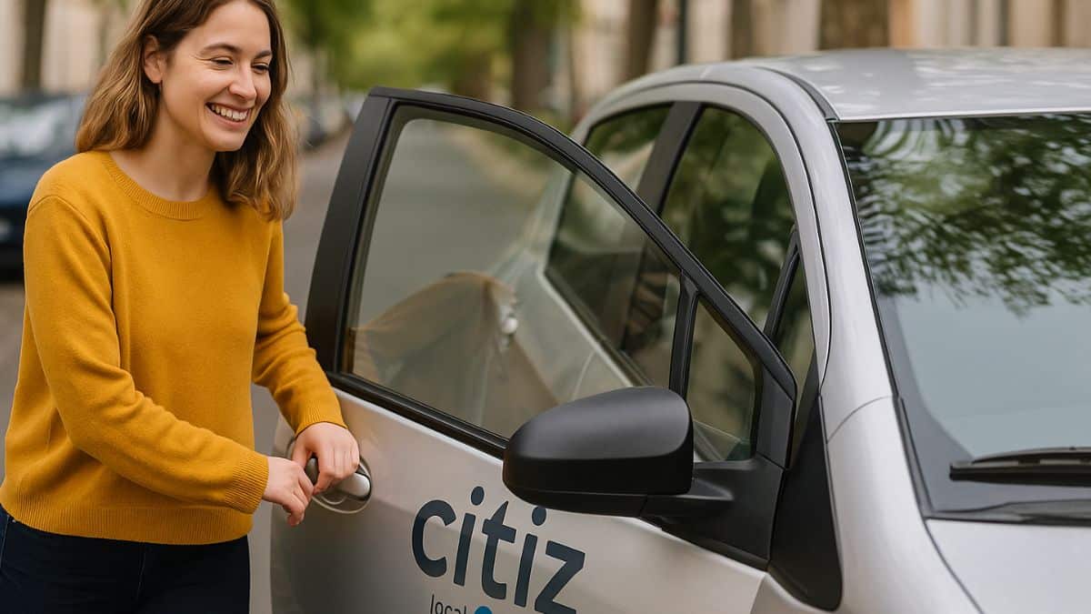 Une femme souriante ouvre une voiture Citiz stationnée dans une rue bordée d’arbres.