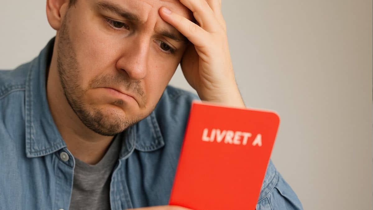 Un homme inquiet tient un Livret A rouge en constatant la baisse de son taux d’intérêt.
