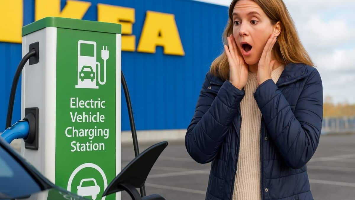 Une femme surprise découvre une borne de recharge pour voiture électrique devant un magasin Ikea.