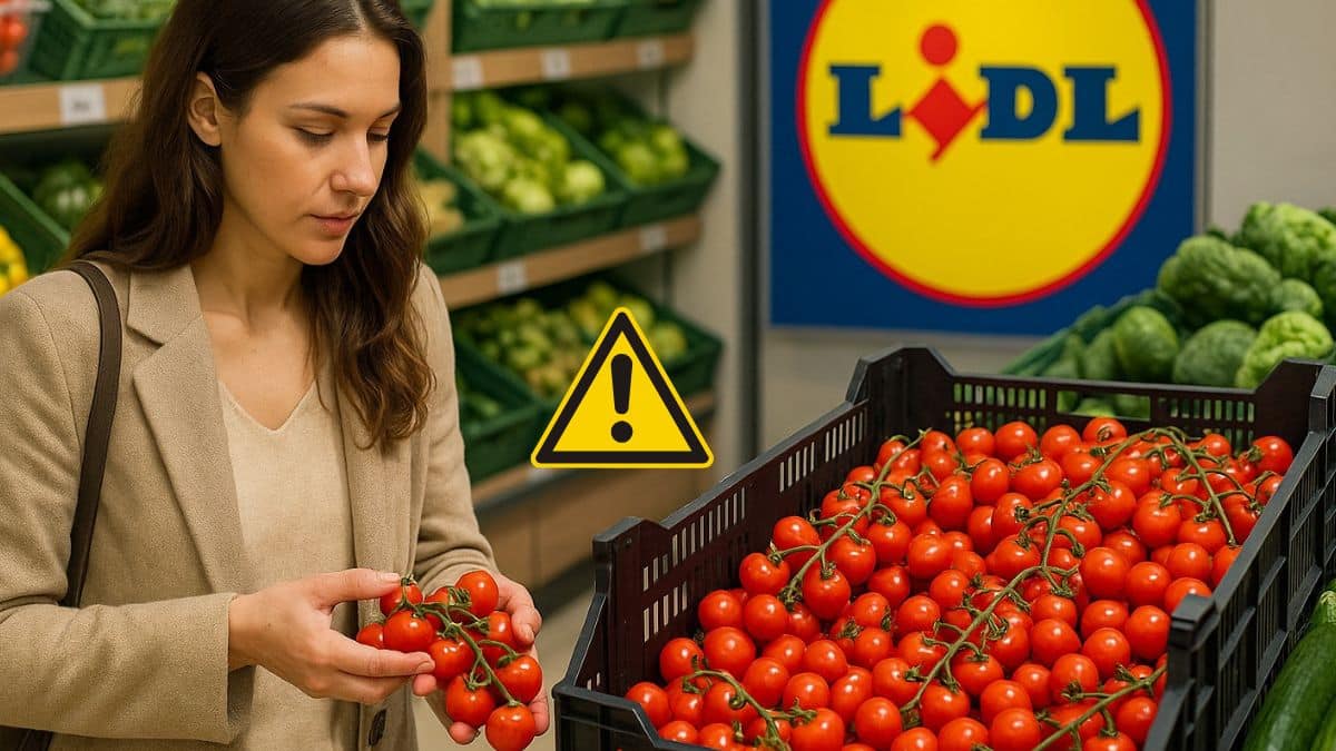 Femme choisissant des tomates cerises dans une cagette en vrac dans un supermarché Lidl.