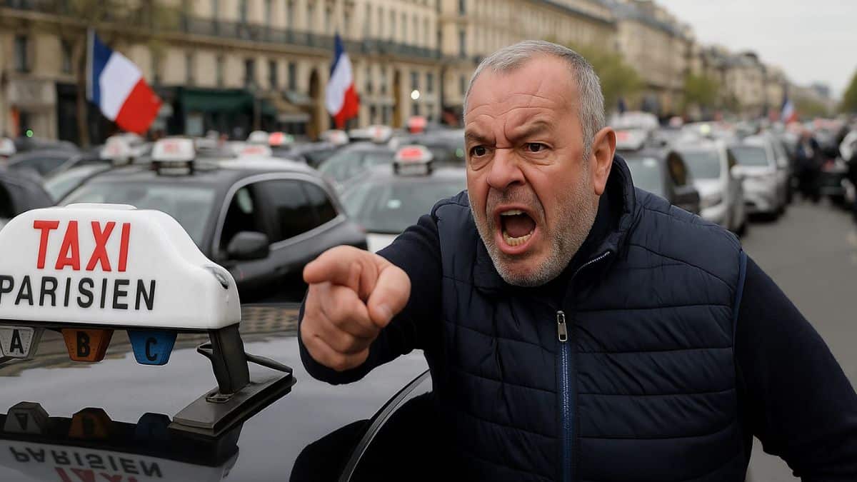 Un chauffeur de taxi furieux crie et pointe du doigt lors d’une manifestation à Paris contre les nouveaux tarifs.