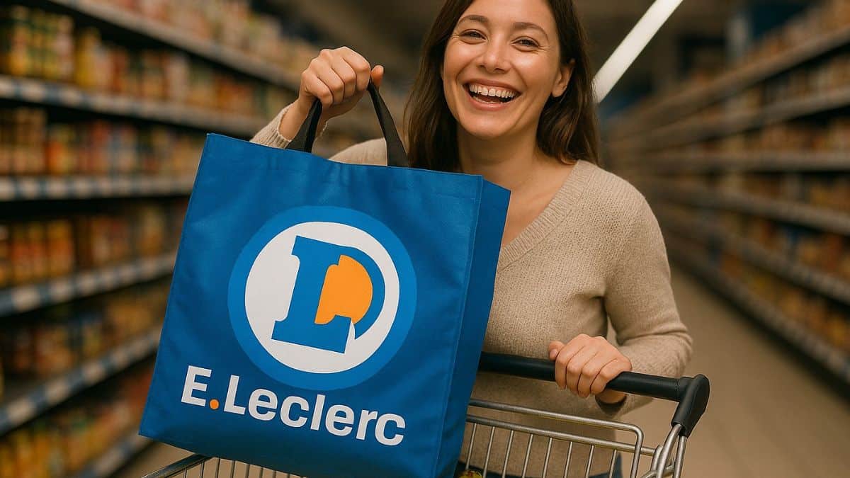 Jeune femme souriante poussant un chariot avec un sac E.Leclerc dans une allée de supermarché bien éclairée.