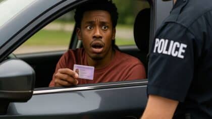 Un conducteur noir surpris lors d’un contrôle de police tenant son permis de conduire par la fenêtre.
