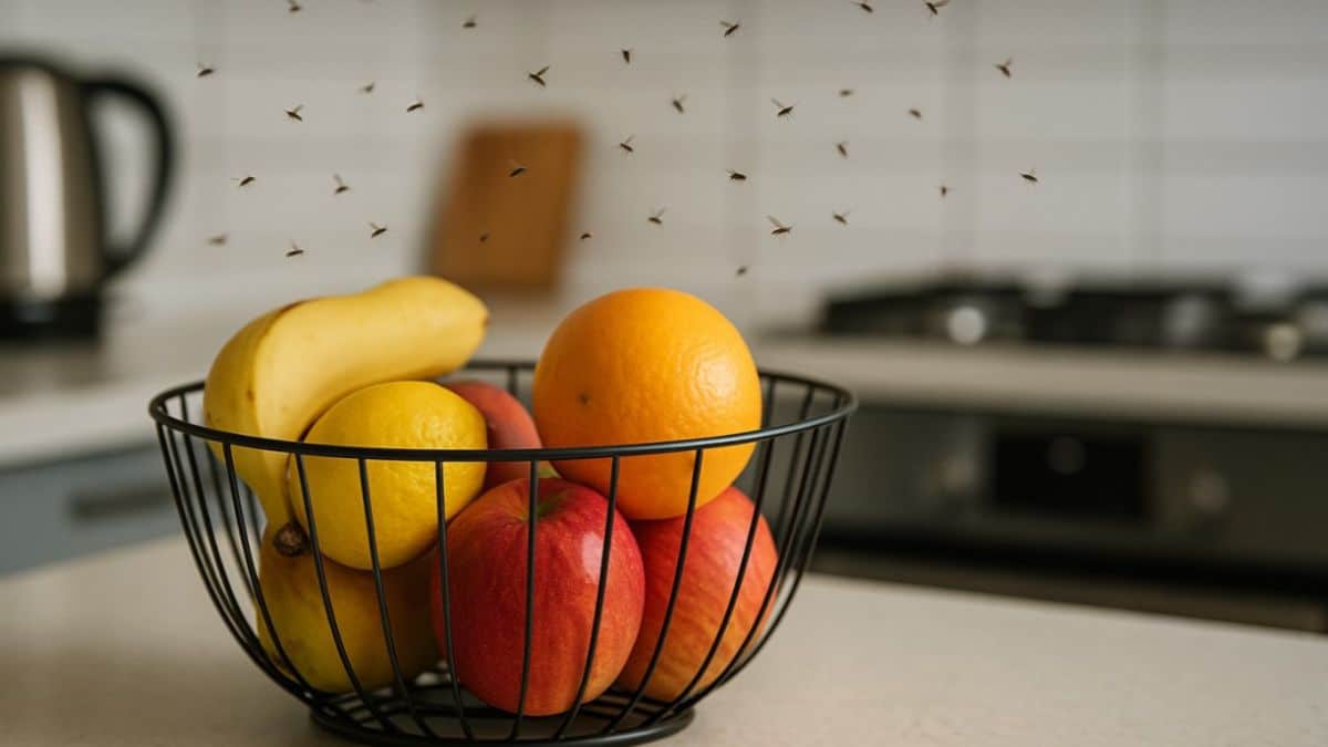 Des moucherons volent autour d'une corbeille de fruits posée sur un plan de travail dans une cuisine moderne.