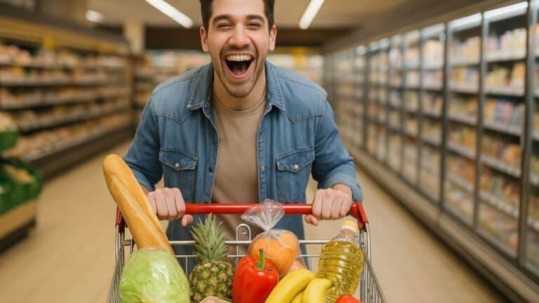 Un homme visiblement heureux faisant ses courses au supermarché.