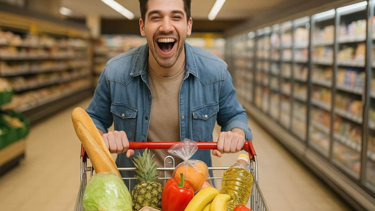 Un homme visiblement heureux faisant ses courses au supermarché.