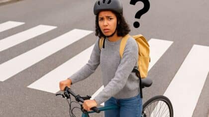 Une cycliste hésitante avec son vélo à côté d’un passage piéton, avec un point d’interrogation au-dessus de la tête
