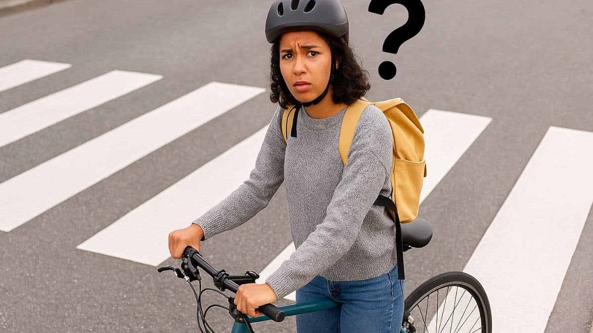 Une cycliste hésitante avec son vélo à côté d’un passage piéton, avec un point d’interrogation au-dessus de la tête