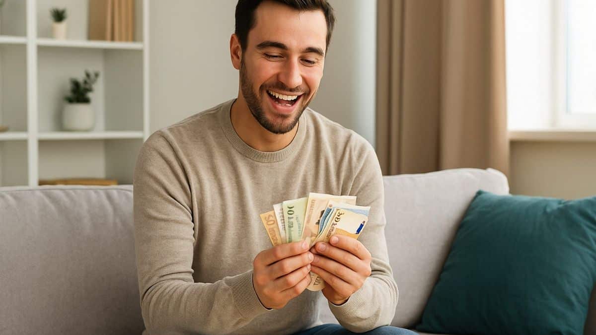 Un homme souriant chez lui en train de compter son épargne dans son salon.