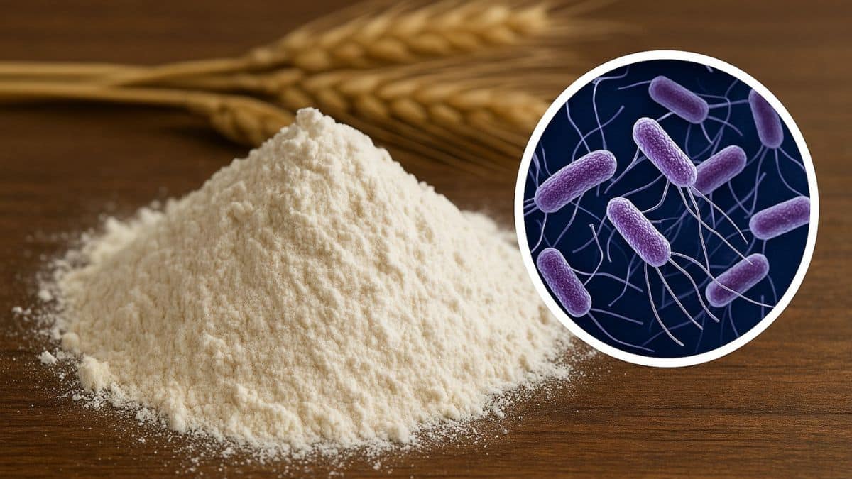 Farine de blé sur une table en bois avec un encart circulaire montrant la bactérie E. coli au microscope.