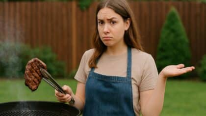 Une femme tenant une pince avec un morceau de viande au-dessus d’un barbecue, l’air interrogatif.