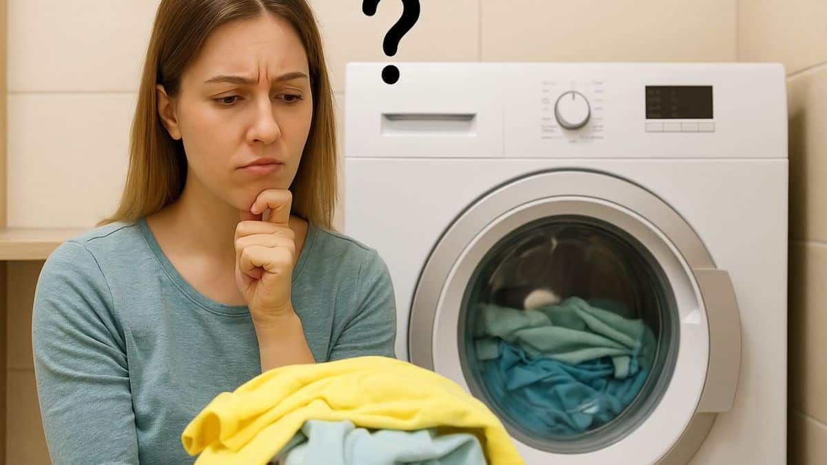 Une femme perplexe tient du linge devant une machine à laver en se posant des questions.