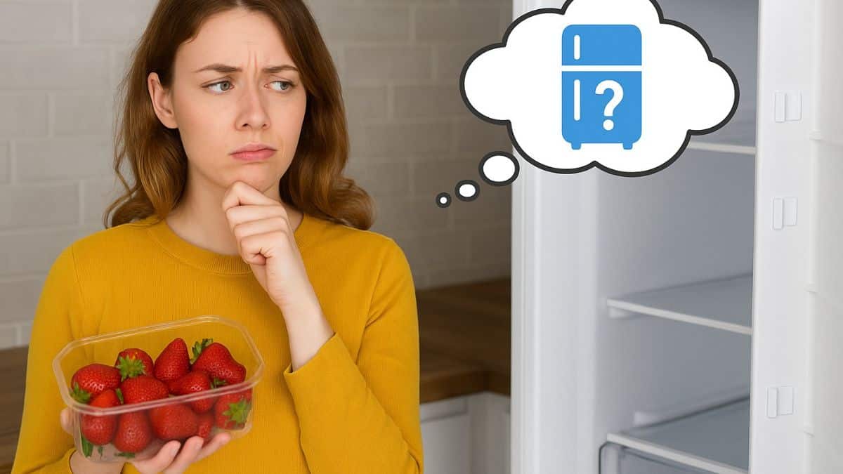 Une femme regarde son réfrigérateur avec hésitation en tenant une barquette de fraises.
