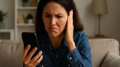 Femme mécontente recevant un démarchage téléphonique non désiré sur son smartphone dans son salon.