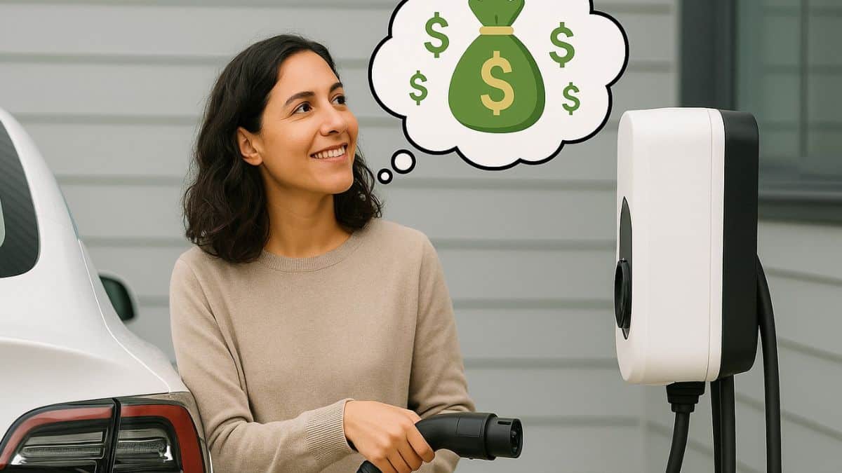 Une femme recharge sa voiture électrique et pense à l’argent économisé grâce aux heures super-creuses.