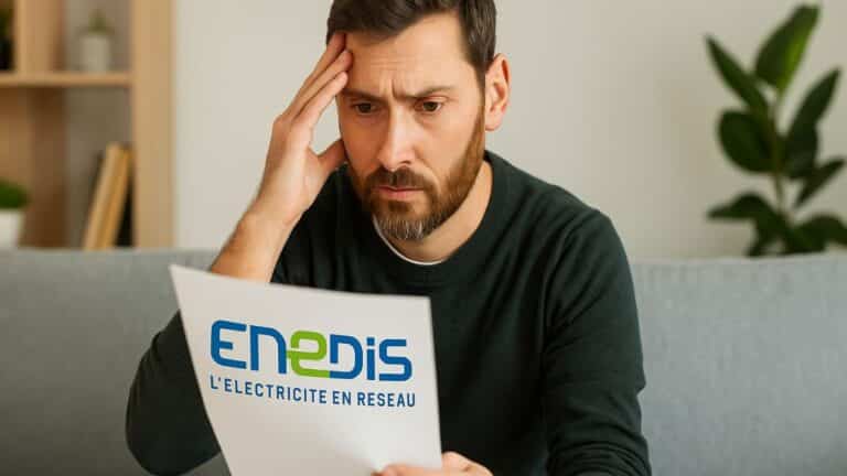 Un homme inquiet lit un document dans son salon, tenant une feuille portant le logo d’Enedis installant les compteurs Linky.