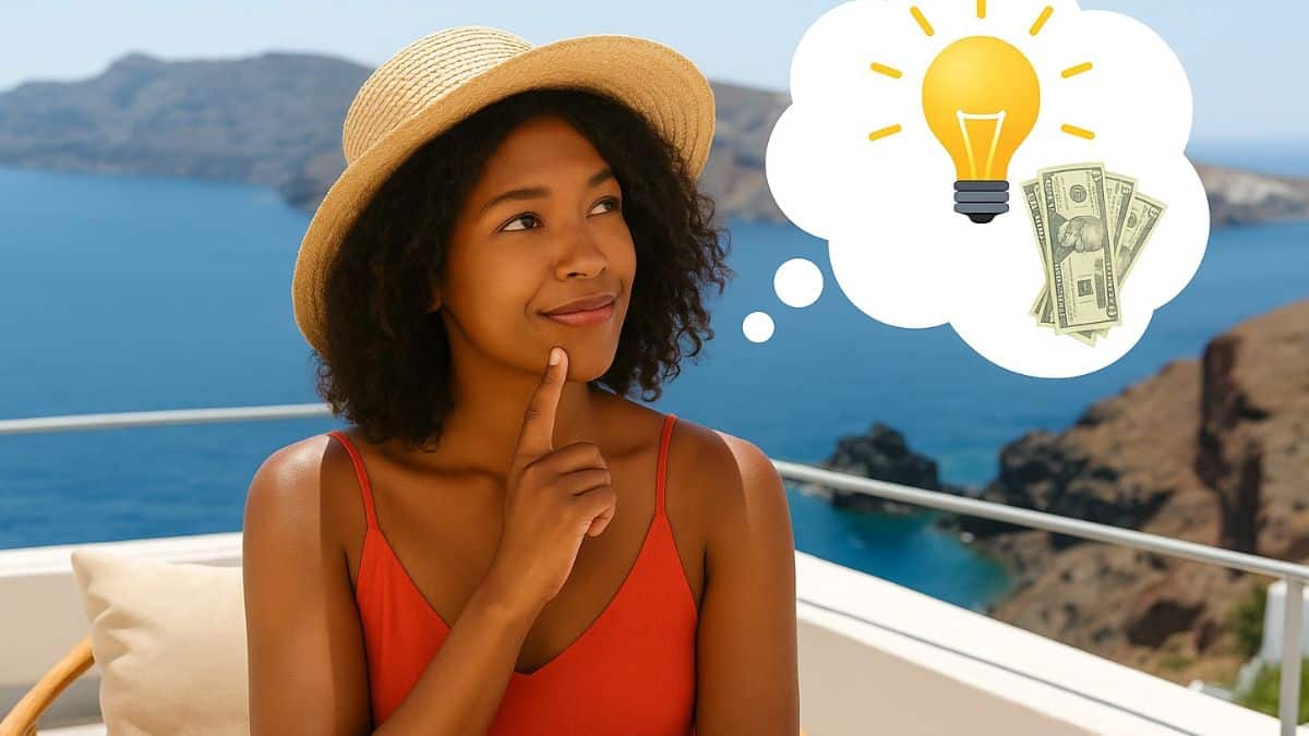Femme noire en vacances réfléchissant à une astuce pour économiser sur ses vacances, avec une bulle montrant une ampoule et des billets