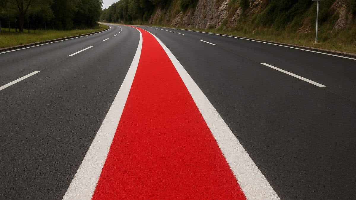Ligne rouge continue sur une route de montage.