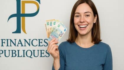 Une femme souriante en pensant à ses impôts tient des billets en euros devant le logo des Finances publiques françaises sur un mur blanc.