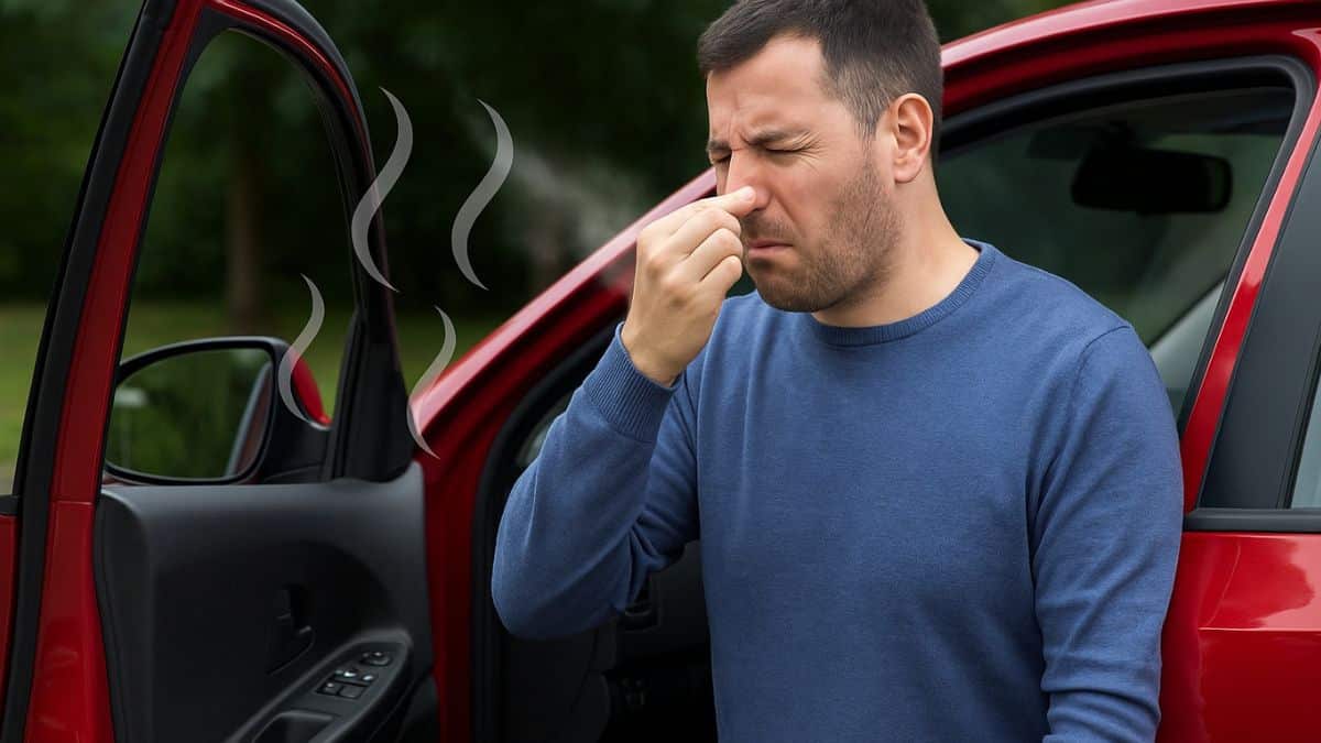 Un homme qui ouvre la portière de sa voiture et réagit à une forte mauvaise odeur à l’intérieur.