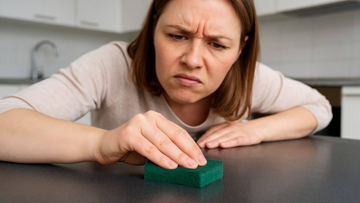 Jeune femme mécontente utilisant une éponge abrasive dans sa cuisine.