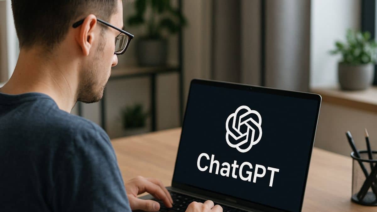 Une personne utilisant ChatGPT sur son ordinateur portable dans un bureau à domicile moderne.