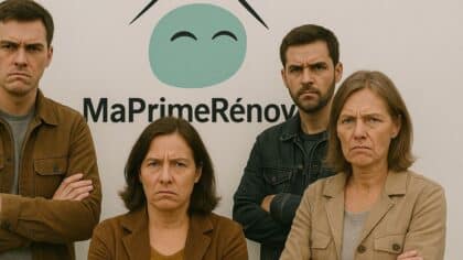 Quatre personnes en colère croisent les bras devant le logo officiel de MaPrimeRénov' sur un mur blanc.