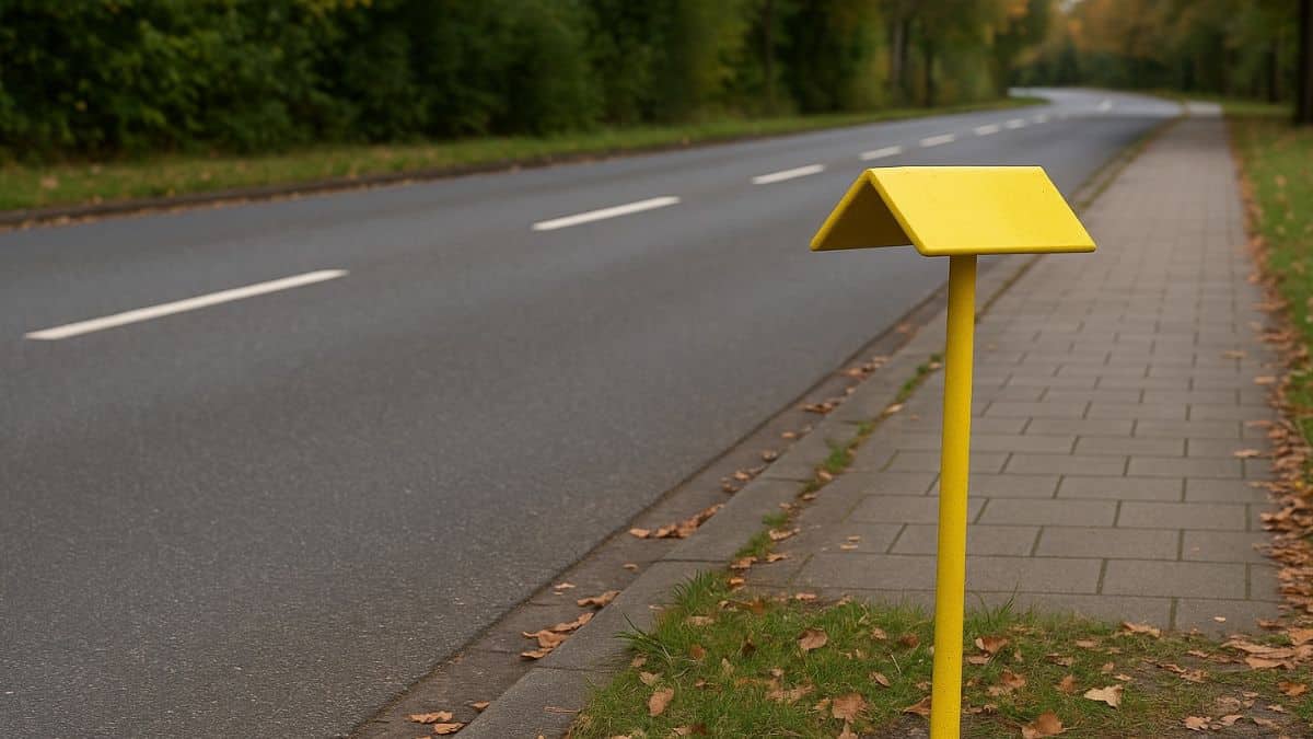 Poteau jaune en bord de route indiquant la présence d’un accès souterrain technique, type bouche à clé ou vanne d'eau.