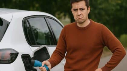 Homme mécontent en train de recharger sa voiture électrique avec une prise bleue sur fond de verdure.