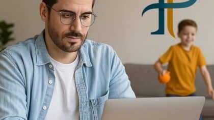 Homme adulte remplissant une déclaration en ligne sur ordinateur avec un enfant jouant en arrière-plan et le logo des impôts visible au mur.