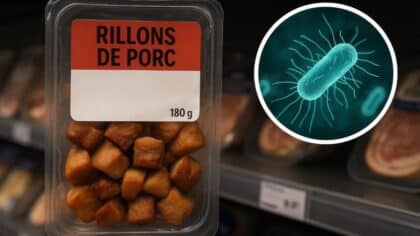 Charcuterie en barquette dans un supermarché avec une illustration de bactérie listeria en médaillon.