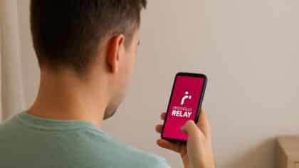 Homme se doutant de l'arnaque regardant un SMS sur son téléphone avec le logo Mondial Relay à l’écran.
