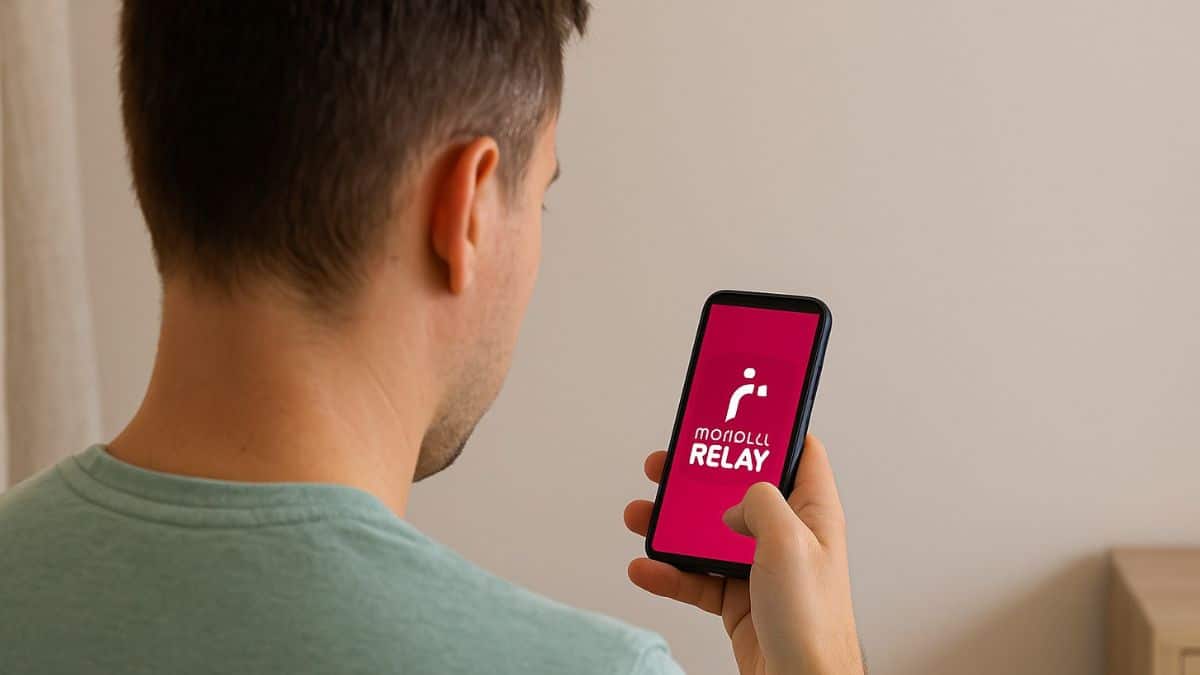 Homme se doutant de l'arnaque regardant un SMS sur son téléphone avec le logo Mondial Relay à l’écran.