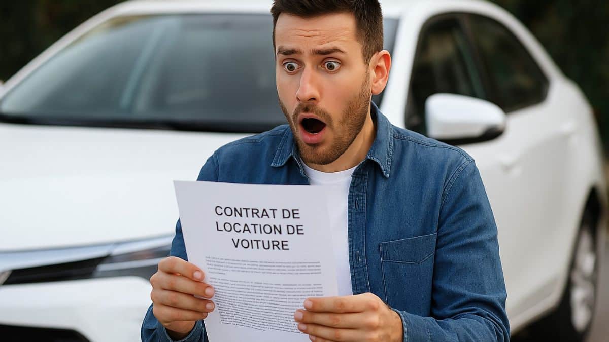 Un jeune homme choqué en lisant un contrat de location de voiture en français devant une berline blanche.