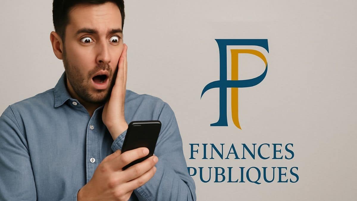 Un homme choqué lit un SMS des impôts sur son téléphone, logo des Finances publiques à côté.