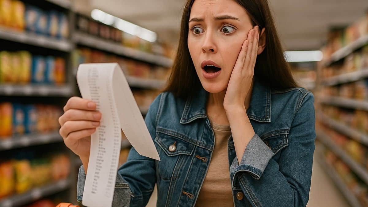 Femme surprise devant le montant de son ticket de caisse dans un supermarché suite à la nouvelle taxe.