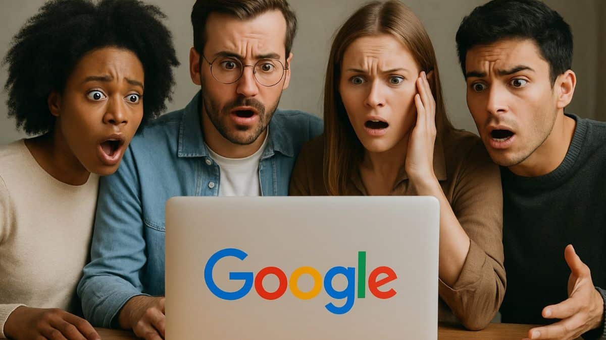 Quatre personnes surprises regardent un ordinateur affichant le logo de Google.