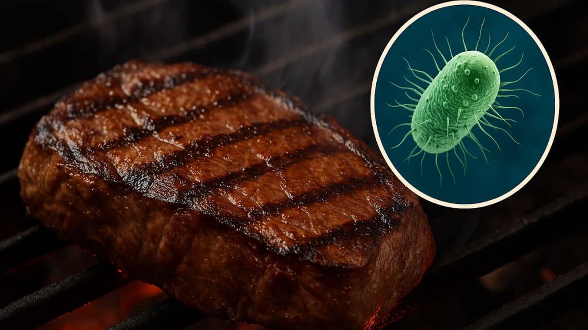 Viande grillée sur barbecue avec illustration d’une bactérie en encart, représentant le risque de contamination alimentaire.