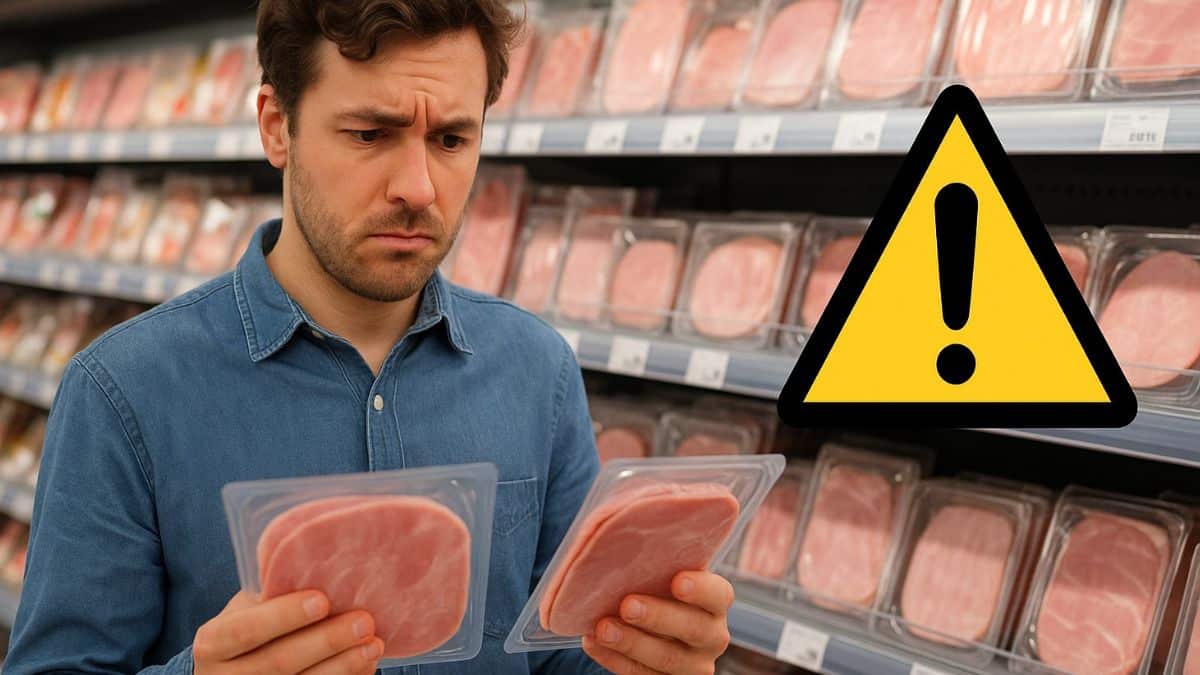 Un homme hésite entre deux barquettes de rôti en supermarché avec un pictogramme d’avertissement.